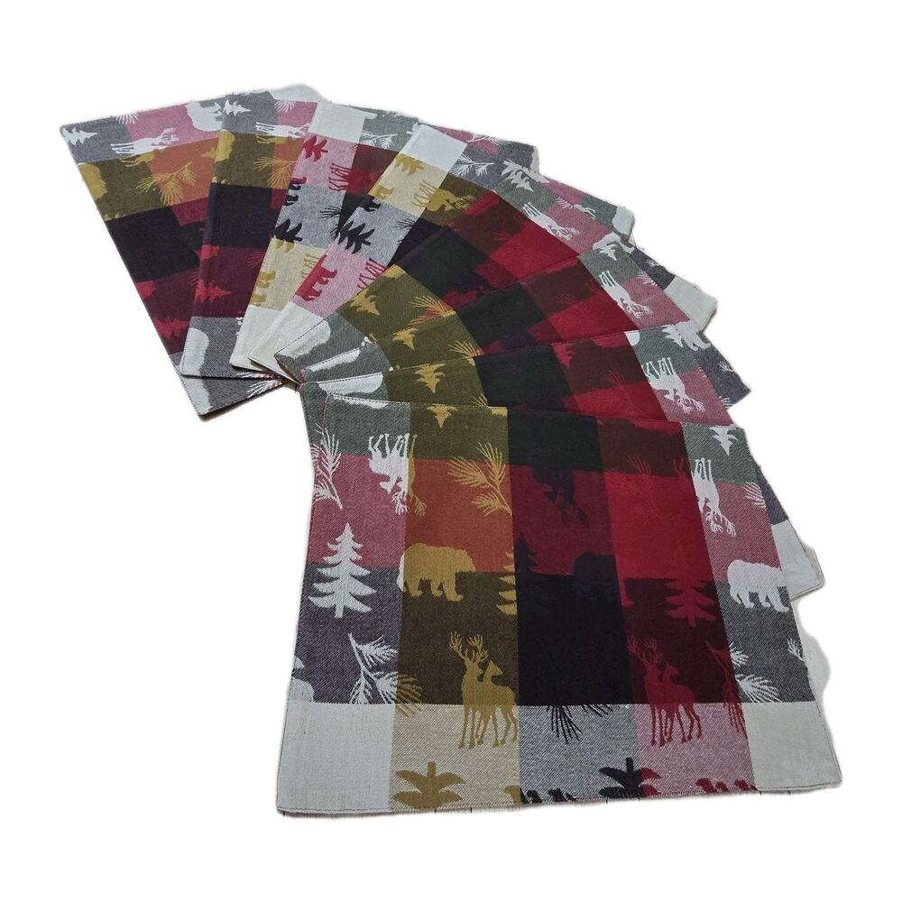 Home Studio Set 8 Woodland Placemats 8"x13" Deer Bear Trees Red Brown Cream